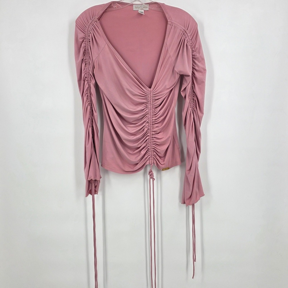 VINTAGE Y2K BABY PHAT RUCHED‎ V-NECK SHIRT WOMENS XL PINK STRETCH BABYGIRL CLUB